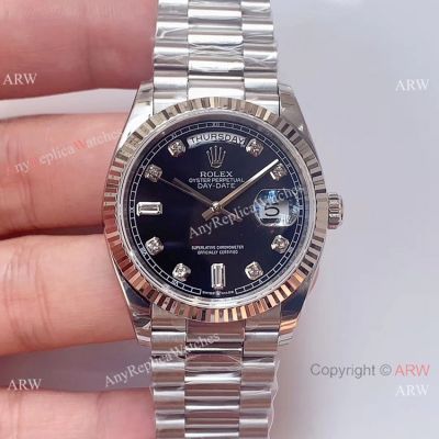 (EW)AAA Copy Rolex Presidential Day-Date Black Dial Stainless Steel Watch Swiss 3255 Movement